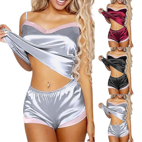 Dam Satin Silke Spets Cami Underkläder Shorts Sovkläder Docka Pyjamas Nattkläder Set Flerfärgad Valfritt Silver L