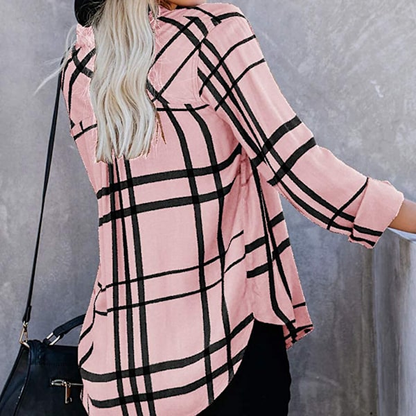 Damskjorta Stripe Rutig ångärmad Top apel Casual Blus pink L