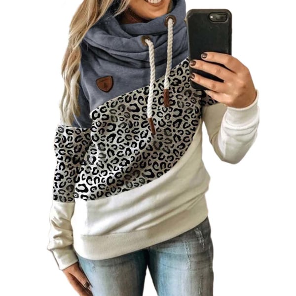 Huvtröja för kvinna med turtleneck sweatshirt hoodie sport camo tröja Leopard + bule XL