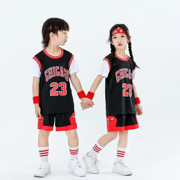 Ny 23/24 drenge og piger Bulls 23 basketballtrøje falsk todelt børneholdsuniformsæt blå Blue (7-8Y)-kids-22