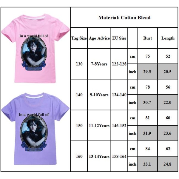 Addams Family Wednesday Kid Print Crew Neck kortärmad T-shirt purple 150cm