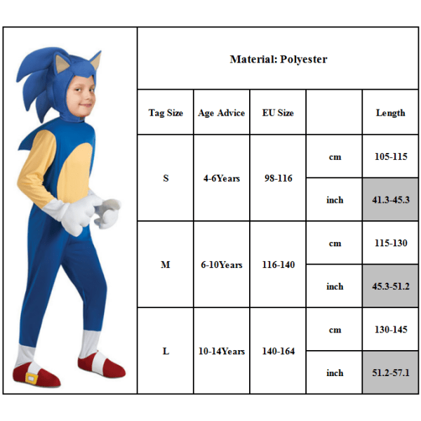 Sonic The Hedgehog Cosplay kostumetøj til børn, drenge, piger - 10-14 år = EU 140-164 Overall + Mask + Handskar 10-12 år = EU 140-152