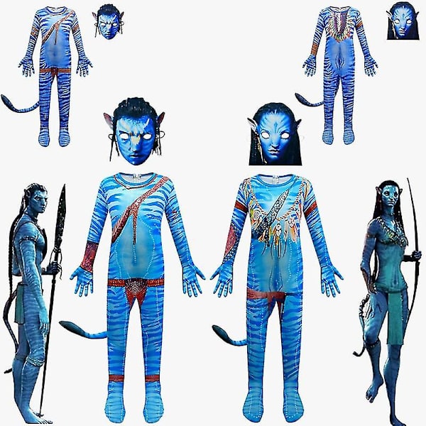 Avatar Waterways Alien set, Cosplay -asu Tummansininen nainen 110cm Light Blue Man 130cm