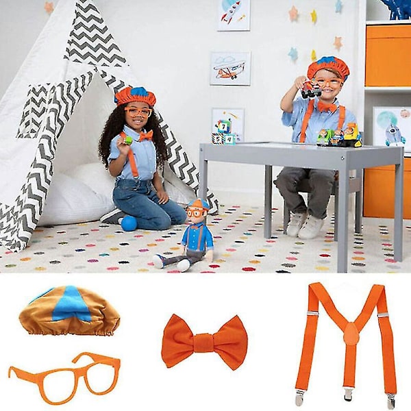 Vær som Blippi Dress Up! Rollespill Kostyme Lue Briller Seler Sløyfe-G