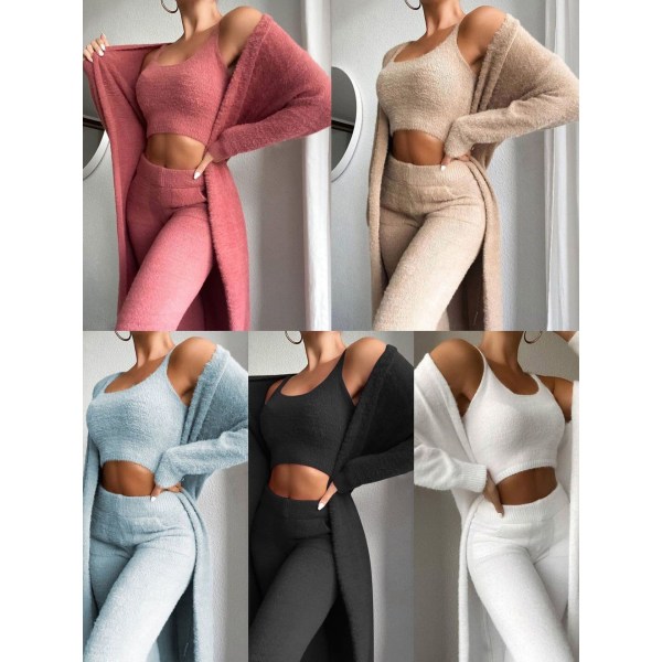 Dam sexig varm fuzzy fleece 3-delad outfit Pyjamas, mysigt stickad set 3-delad, öppen front huva kofta toppbyxor(S) 1