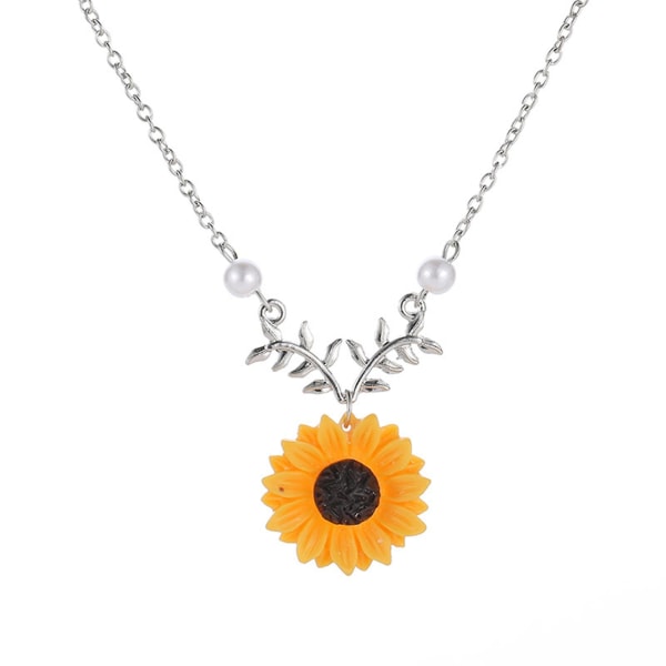Halskjede med solsikkeanheng, elegant legering, falske perler og bladkjede