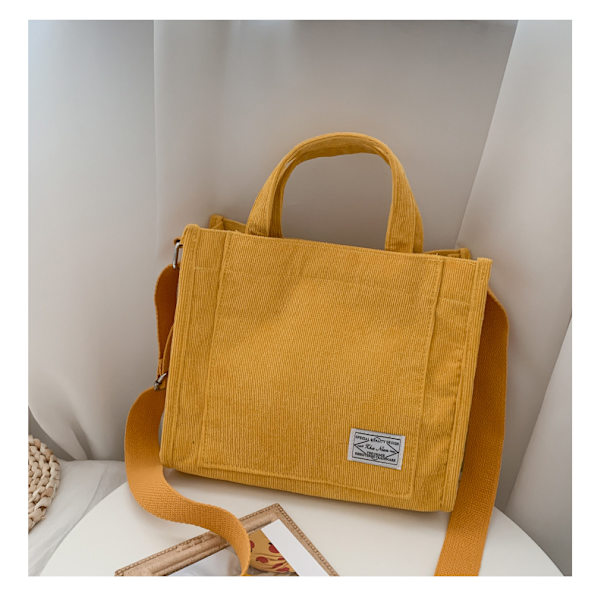 Cordfløjls Casual Dame Tote Skuldertaske Retro Art Lærred Crossbody Tasker til Kvinder 2022 Bomuld Lynlås Håndtasker Luksus Designer, 1stk-gul.