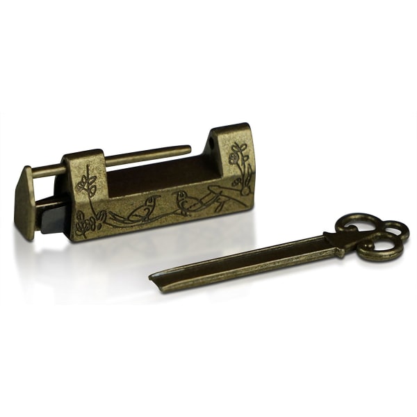 Pieni antiikkinen riippulukko, kaiverrettu kaksilintuinen lukko avaimenperäsoljella
