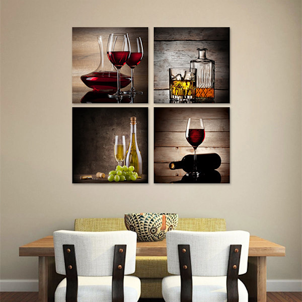 Rödvinsglas Modern Kök Väggkonst Restaurang Väggdekoration 4 Abstrakt Canvas Tryckeri Konstverk Samtida Retro Bild Canvas Väggmålning