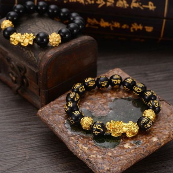 Feng Shui Obsidian Bead Hand snidade sex tecken Mantra Gold BH