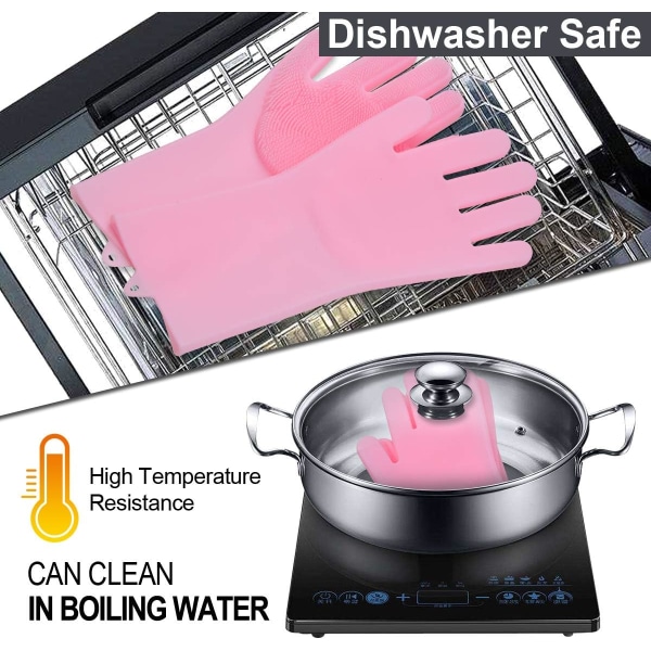 Återanvändbara magic silikonhandskar med rengöringsborste, köksredskap för rengöring, hem, disk, bil, (1 par) (rosa)