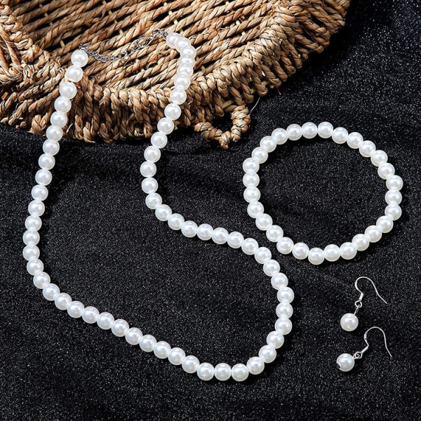 Faux Pearl Smykkesæt Simuleret Perle Halskæde Armbånd Øreringe