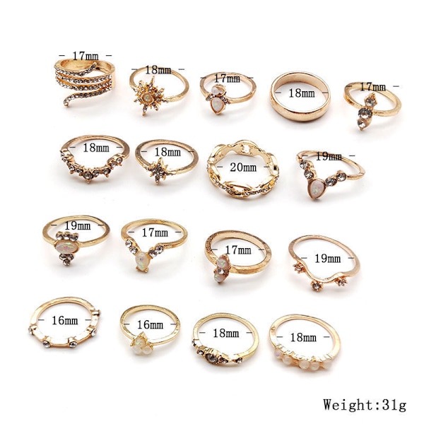 17 Dele Kvinders Ringsæt Guld Boho Ringe Piger Vintage Gem Krystal