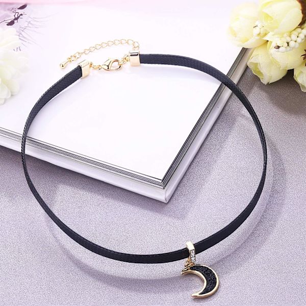 Kvinners sorte choker-halskjede, gullfarget choker, elegant anheng