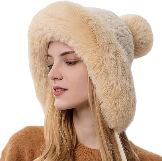 Beige damehatt varm vintergenser strikket lue med hette vintergenser