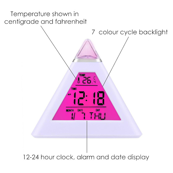 7 LED Pyramid Färgförändrande Digital Väckarklocka