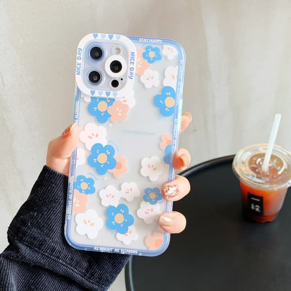 Søt støtsikker støtfanger blomster klar myk iPhone-deksel (blå, iPhone 13 Pro Max)