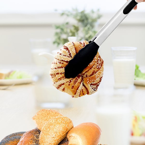 9\" rustfrit ståltang med silikonehoveder og låsende blødt greb