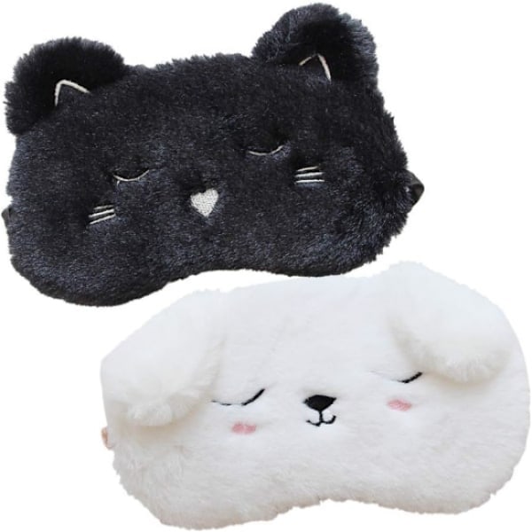 2pcs Cute Sleeping Eye Mask Black Cat and White Dog Animal Cartoo