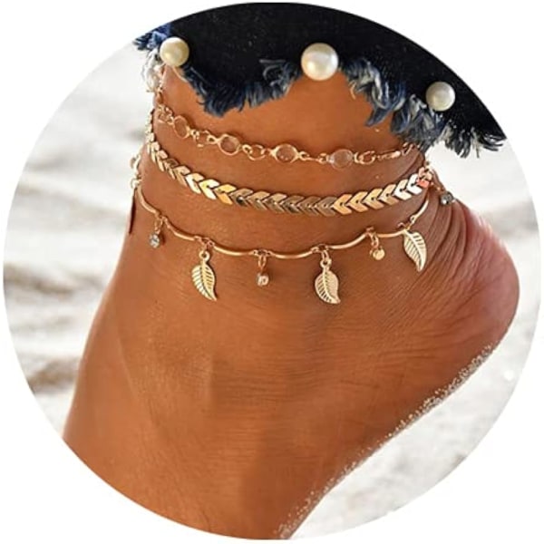 3 st Ankelarmband för kvinnor Guld Justerbar Layered Beach Ank