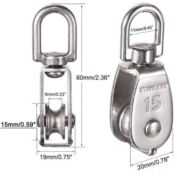 12 kappaletta M15 yksittäistä taljaa 304 ruostumatonta terästä, 15 mm yksittäinen veto