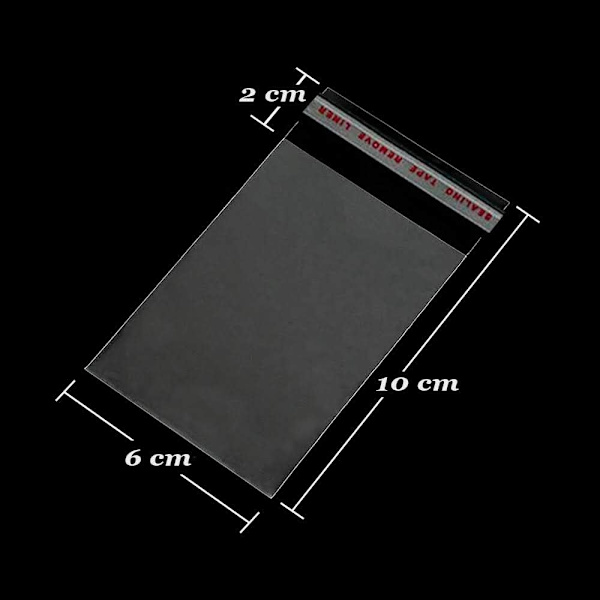 Ett set med 200 genomskinliga cellofanpåsar med 6 x 10 cm självhäftande