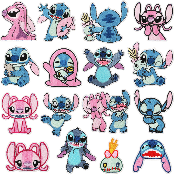 16 st Lilo & Stitch broderade sy-på-lappar för kläder, jackor