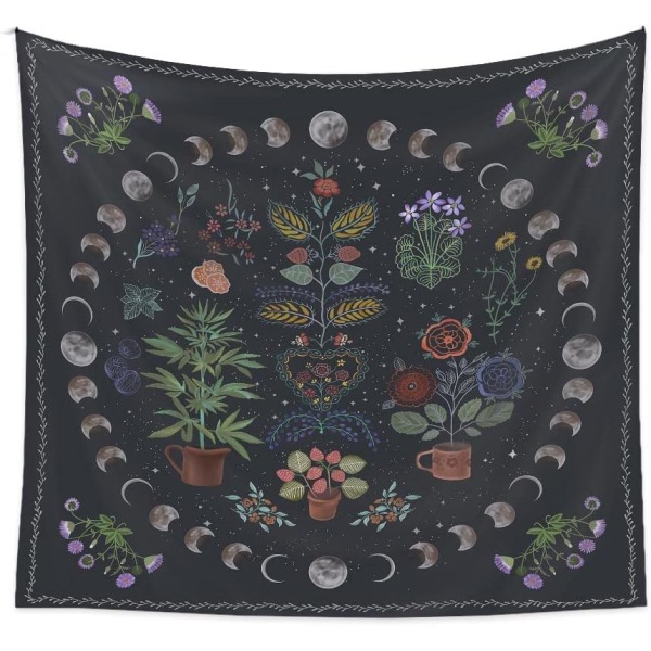 Plant Tapestry, Nature Moon Phase Tapestry Seinäverhoilu, Bohemian