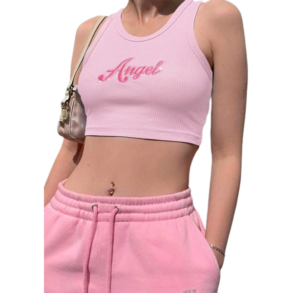 Rib-Knit Crop Tank Letter Embroidery Cami Tops pink L