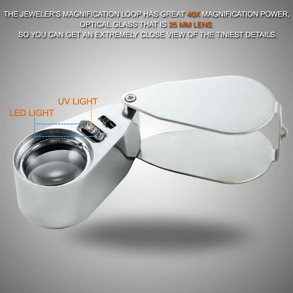 40x Foldbar Smykkelup med LED-belysning (LED-valutadetektion/Juweleridentifikation)