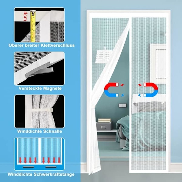 Vitt Myggnät för Altandörrar, 80x210cm Anti-Flug Gardin för Burspråk, Skjutbart Myggnät Utan Borrning, Perfekt för Balkonger och Källare
