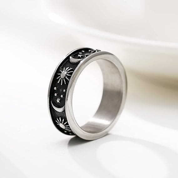 8mm Måne Stjärna Sol Statement Ring i Rostfritt Stål Boho Smycken för