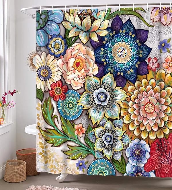 Blommiga duschdraperier för badrum, ljusa tygblommiga duschar