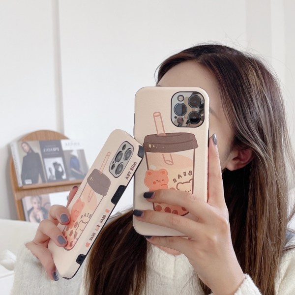 Söt Bear Milk Tea Drink Phone case för iPhone 12 pro max med Si
