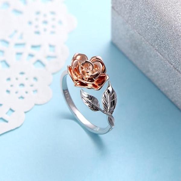 S925 Sterling Silver Justerbar Öppen Ring Ros Blomma Ring f