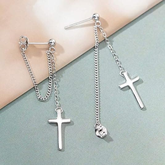 Kryss Dangle Drop Øredobber 925 Sterling Sølv Kjede Dropping for