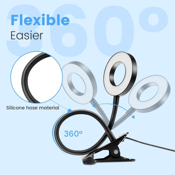 48 LED-klips skrivebordslampe, 360° fleksibel, klips-på læselampe, 3 lys