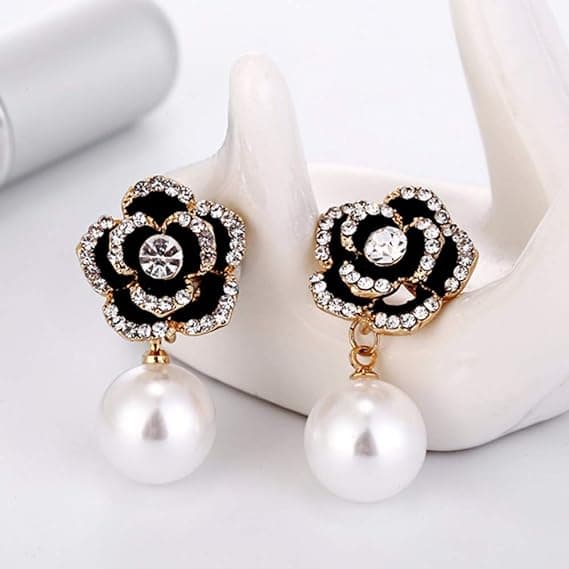 Kvinde Imitation Pearl Rose Charm Dangle Drop Øreringe