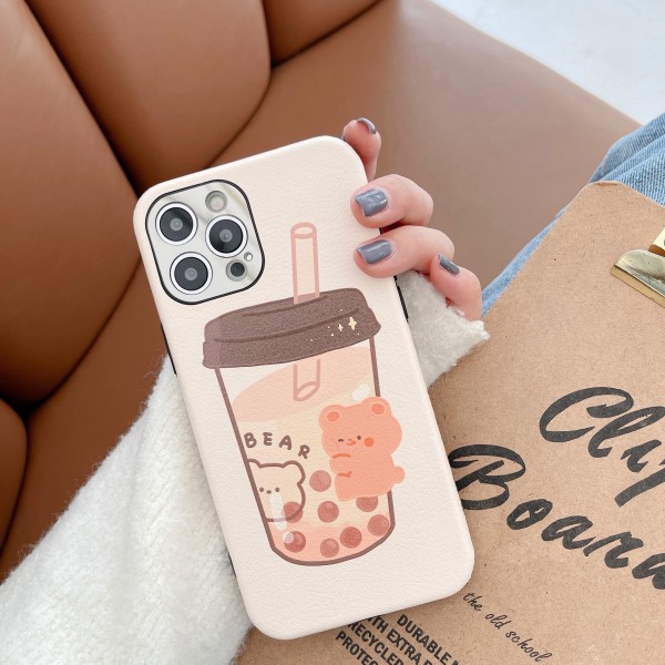 Söt Bear Milk Tea Drink Phone case för iPhone 12 pro max med Si