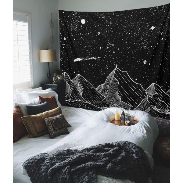 Mountain Moon Tapestry Wall Hanging Stars Black and White Art Tap
