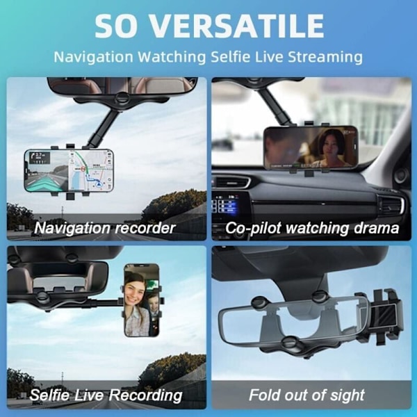 Autopuhelinpidike taustapeiliin, 360° kääntyvä ja sisäänvedettävä autopuhelinpidike kaikille älypuhelimille