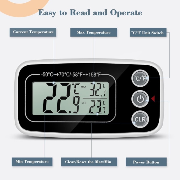 Digitalt kjøleskapstermometer Temperatur -50°C til 70°C med krok fo