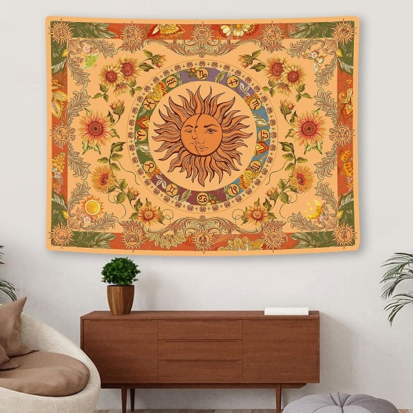 Keltainen aurinko ja kuu -seinavaate, vintage indie boho -seinavaate