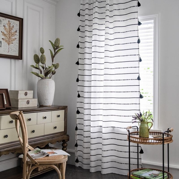Boho-stil sorte stribede gardiner med kvast bomuld/linned