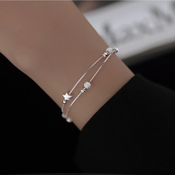 Mote stjernersølvbelagt armbånd med anheng og perlekjede, justerbar