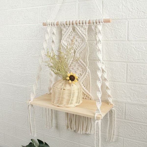 Vägghylla - Off White - Boho sovrumsväggdekor - Flätad rep L