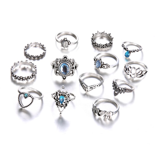 13-pack Boho Silver Rings - Blue Rhinestones, Heart & Elephant Si