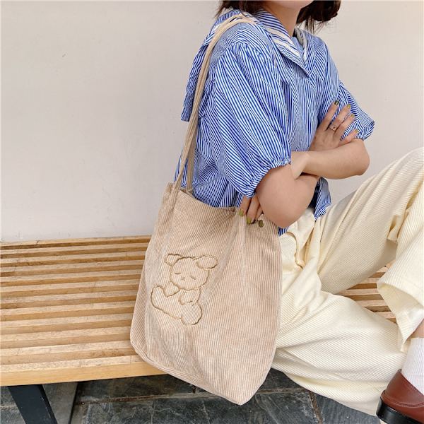 Kvinners store kapasitet kordfløyel tote bag øko gjenbrukbar handlepose søt bjørn skulderpose jenter studenter casual håndveske, 1 stk.
