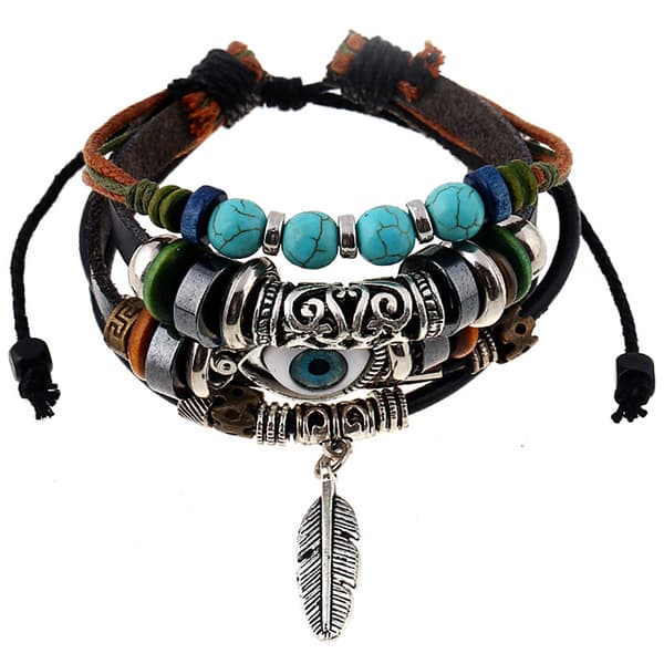 Boho National Stone Multilayer Läderarmband Evil Eye Charms T
