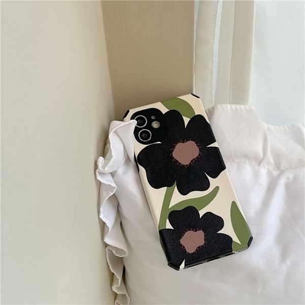 Sort Blomster Grønt Blad Kunstlæder Telefon Etui til Apple iPhone